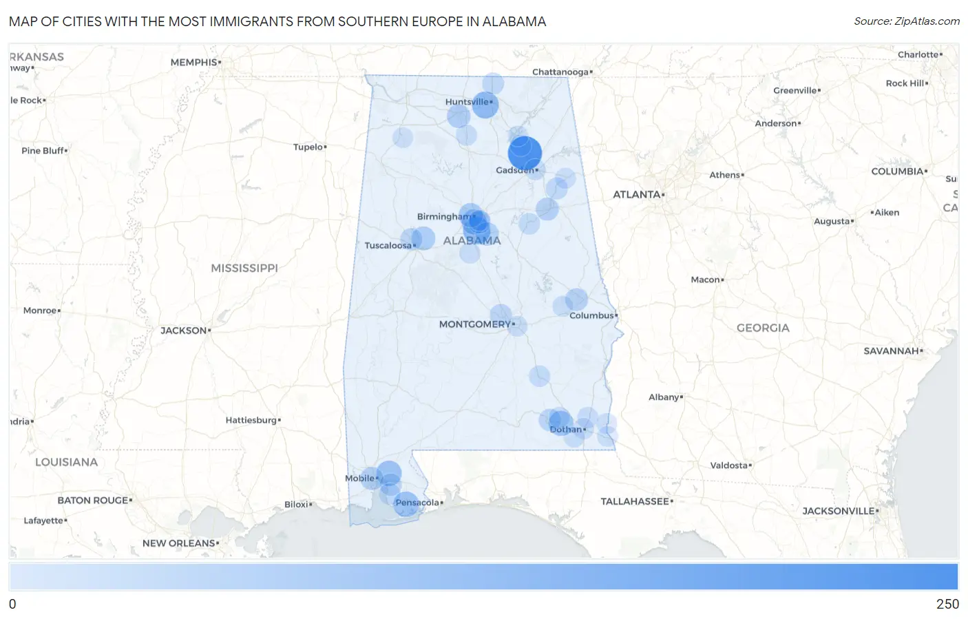 Cities with the Most Immigrants from Southern Europe in Alabama Map