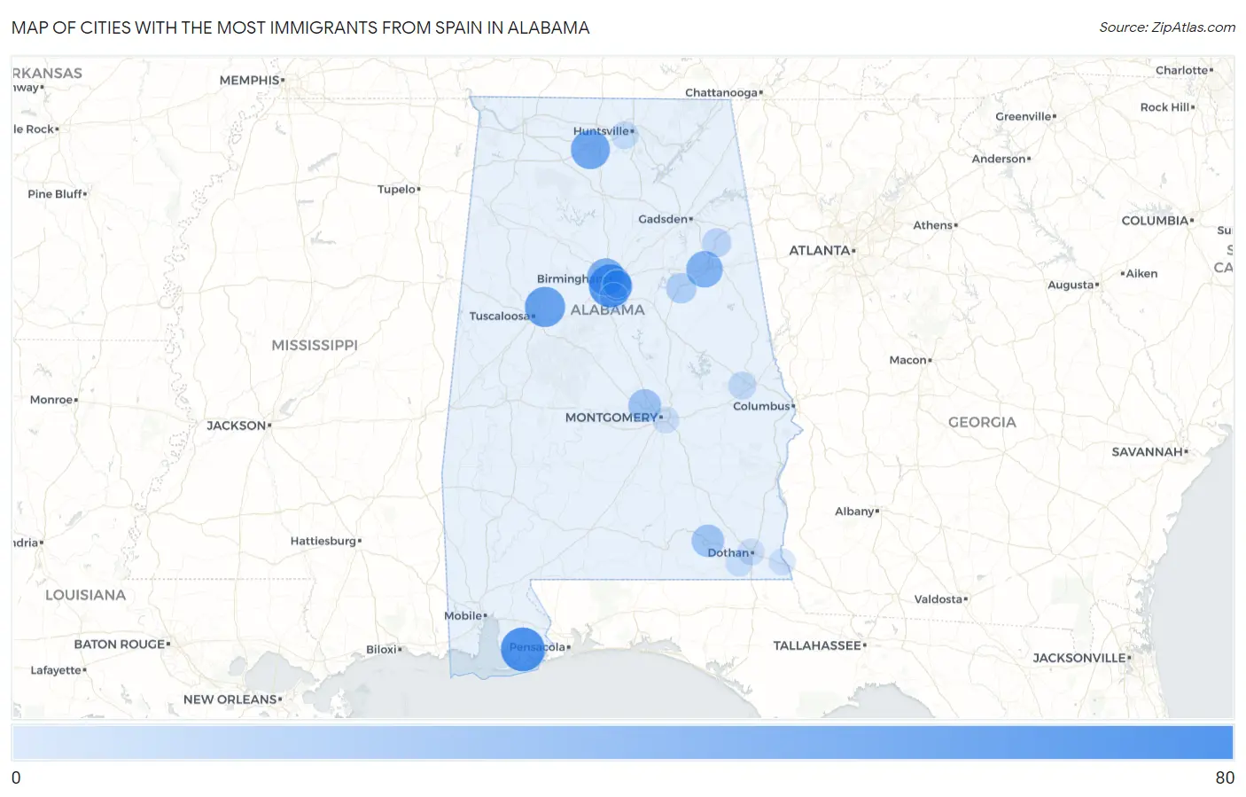 Cities with the Most Immigrants from Spain in Alabama Map