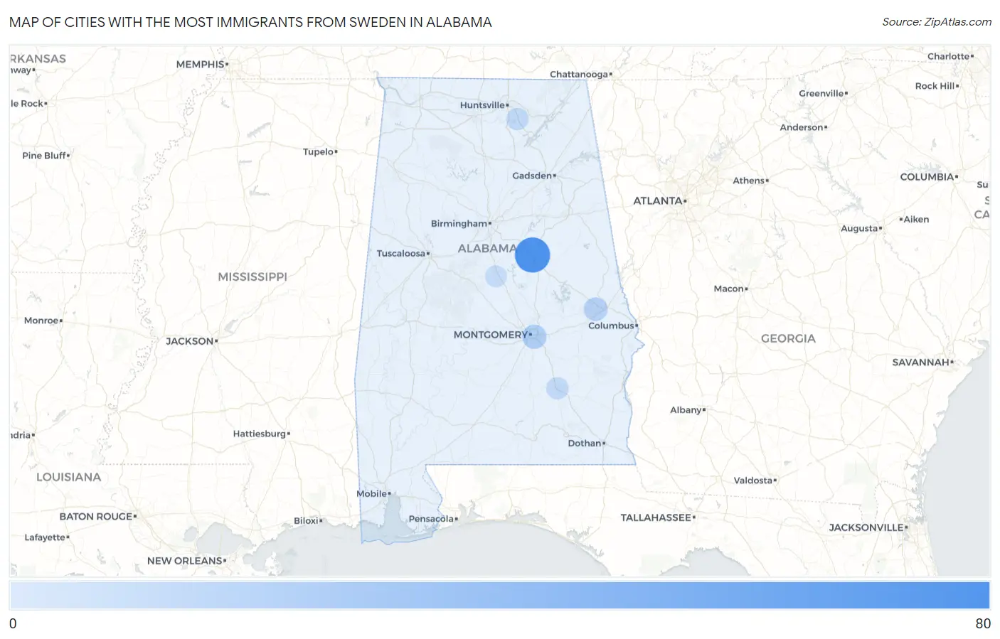 Cities with the Most Immigrants from Sweden in Alabama Map