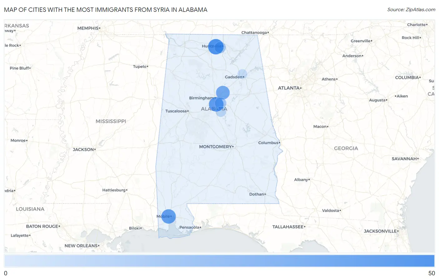 Cities with the Most Immigrants from Syria in Alabama Map