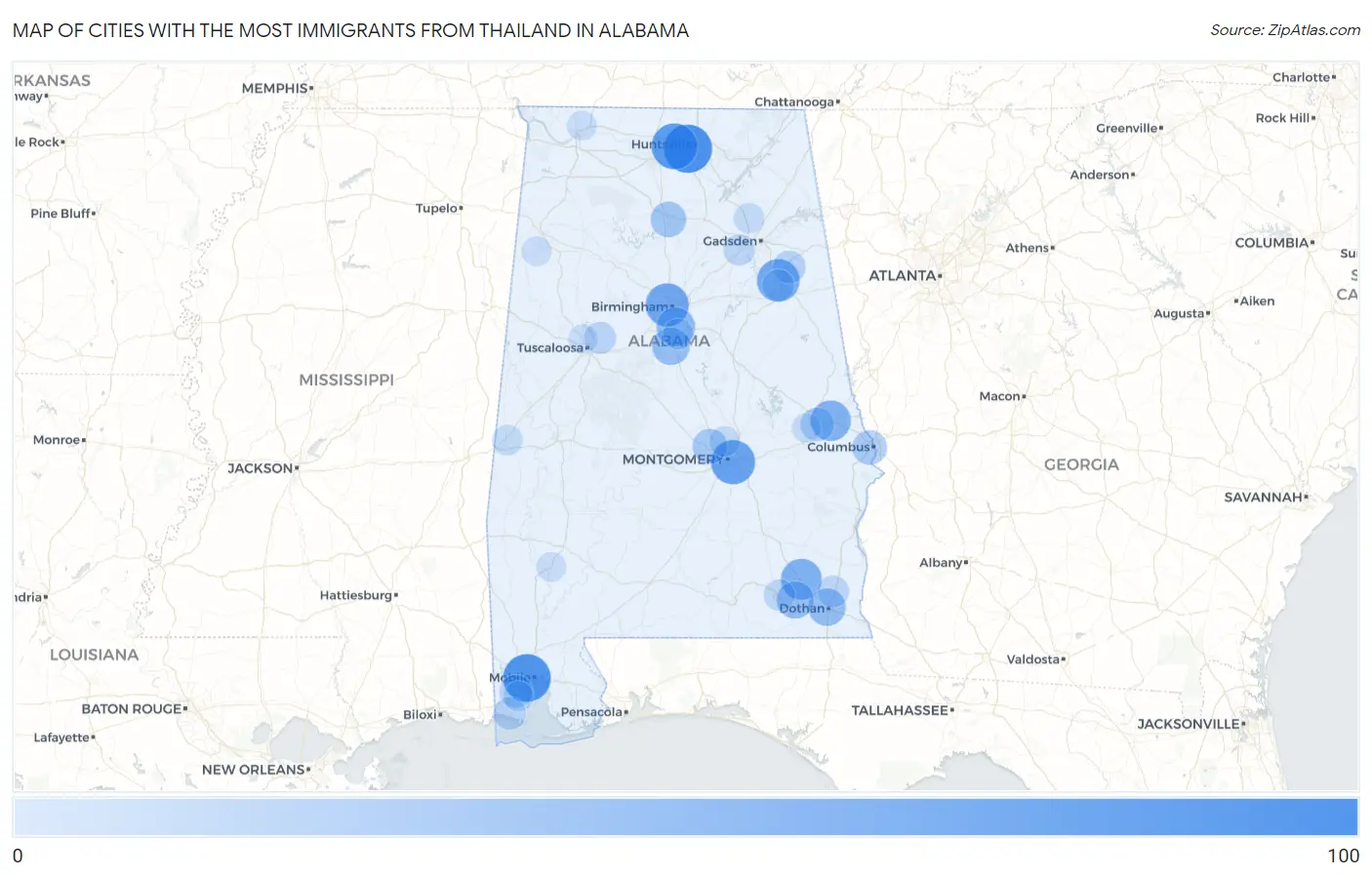 Cities with the Most Immigrants from Thailand in Alabama Map