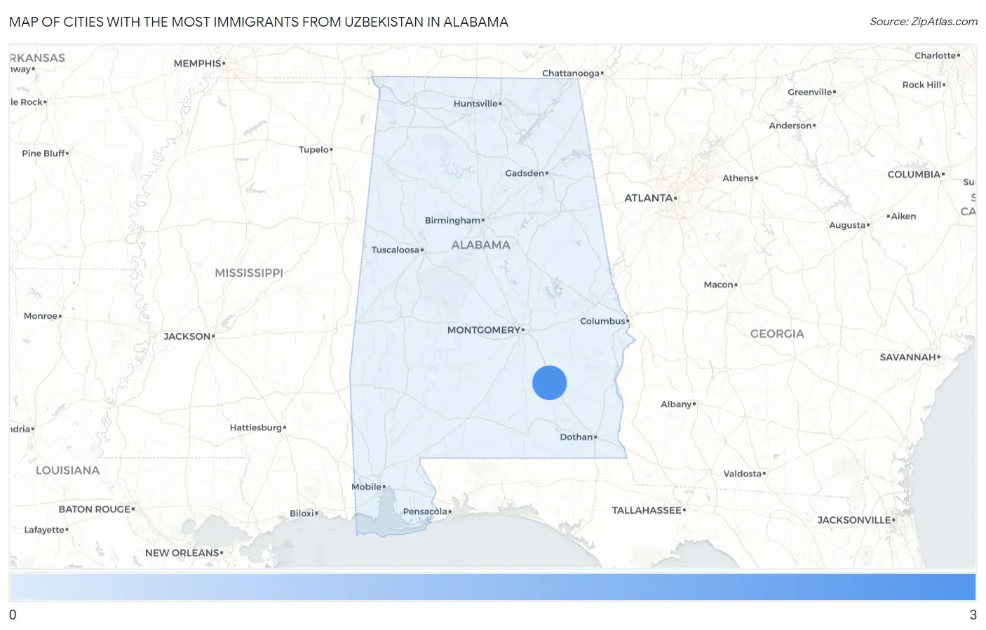 Cities with the Most Immigrants from Uzbekistan in Alabama Map