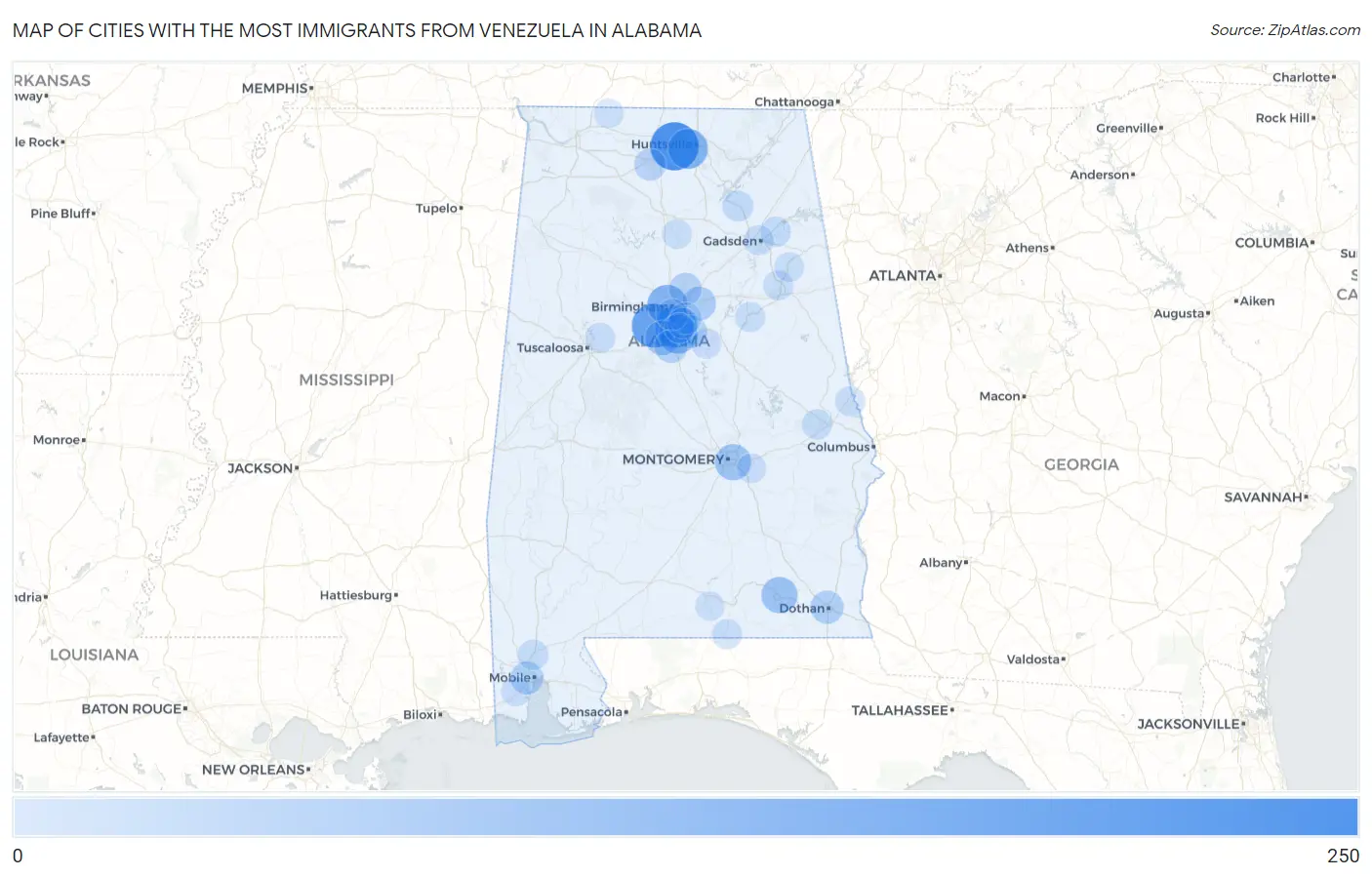 Cities with the Most Immigrants from Venezuela in Alabama Map