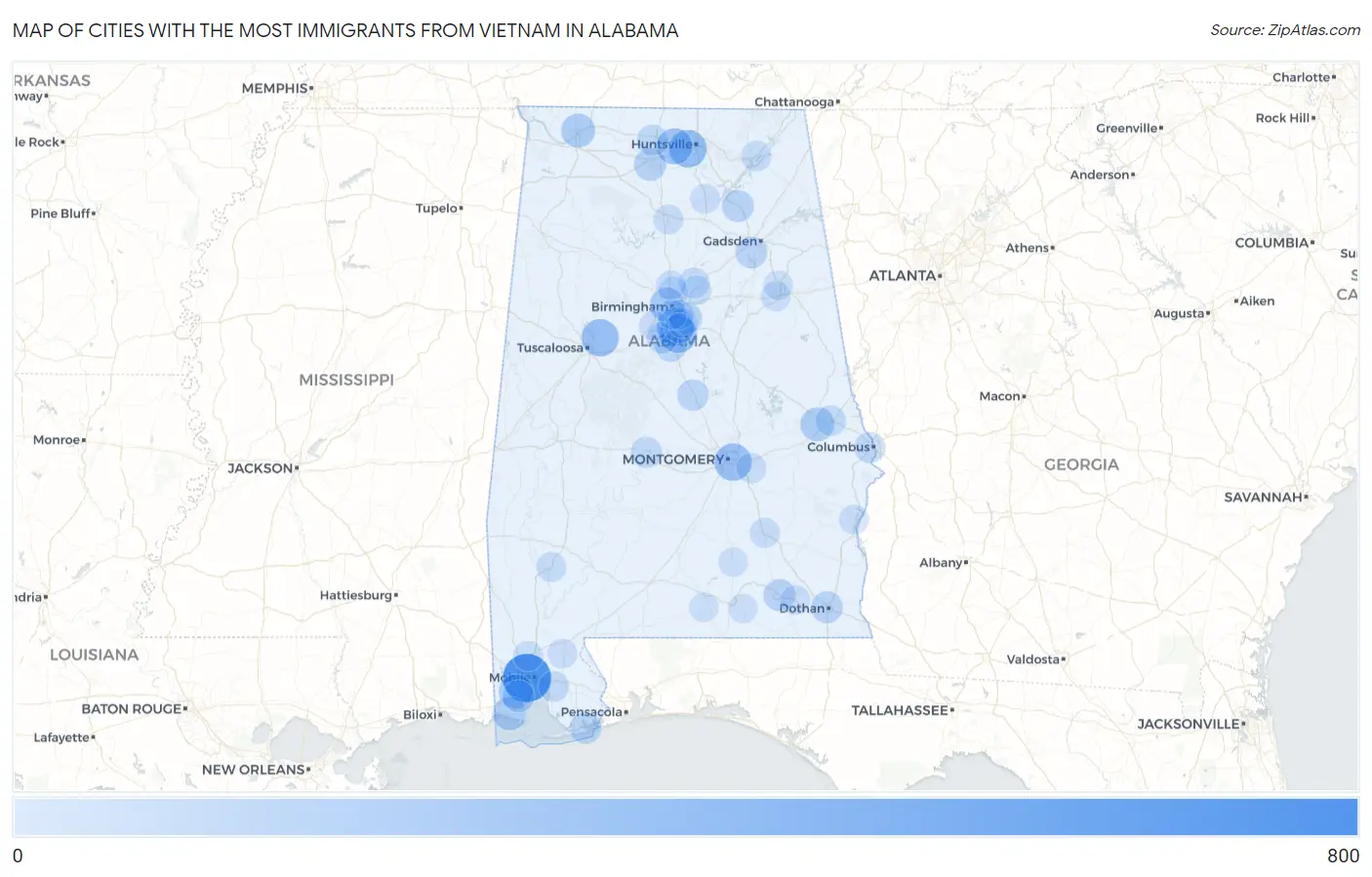 Cities with the Most Immigrants from Vietnam in Alabama Map