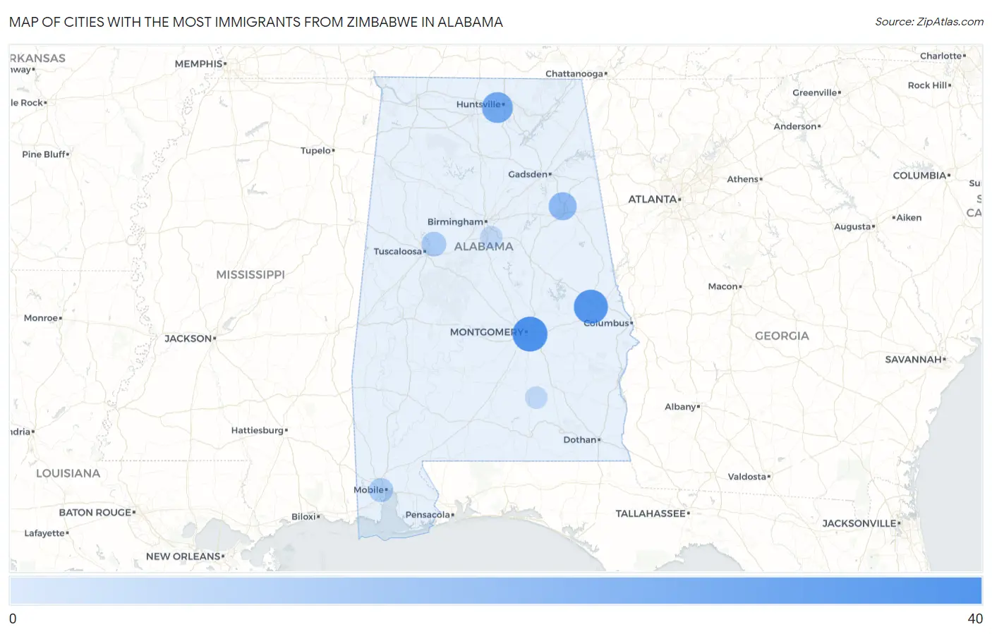 Cities with the Most Immigrants from Zimbabwe in Alabama Map