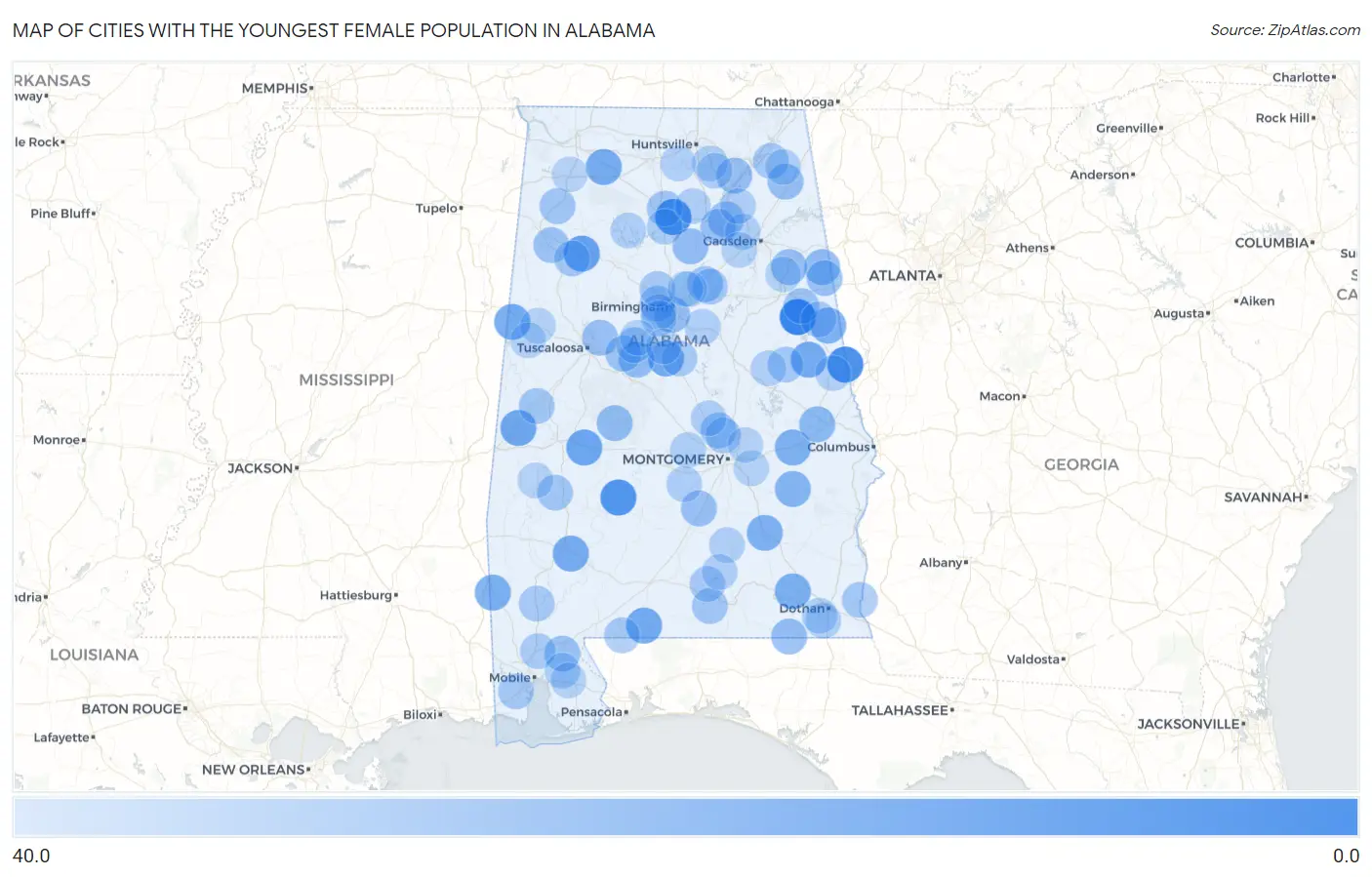 Cities with the Youngest Female Population in Alabama Map