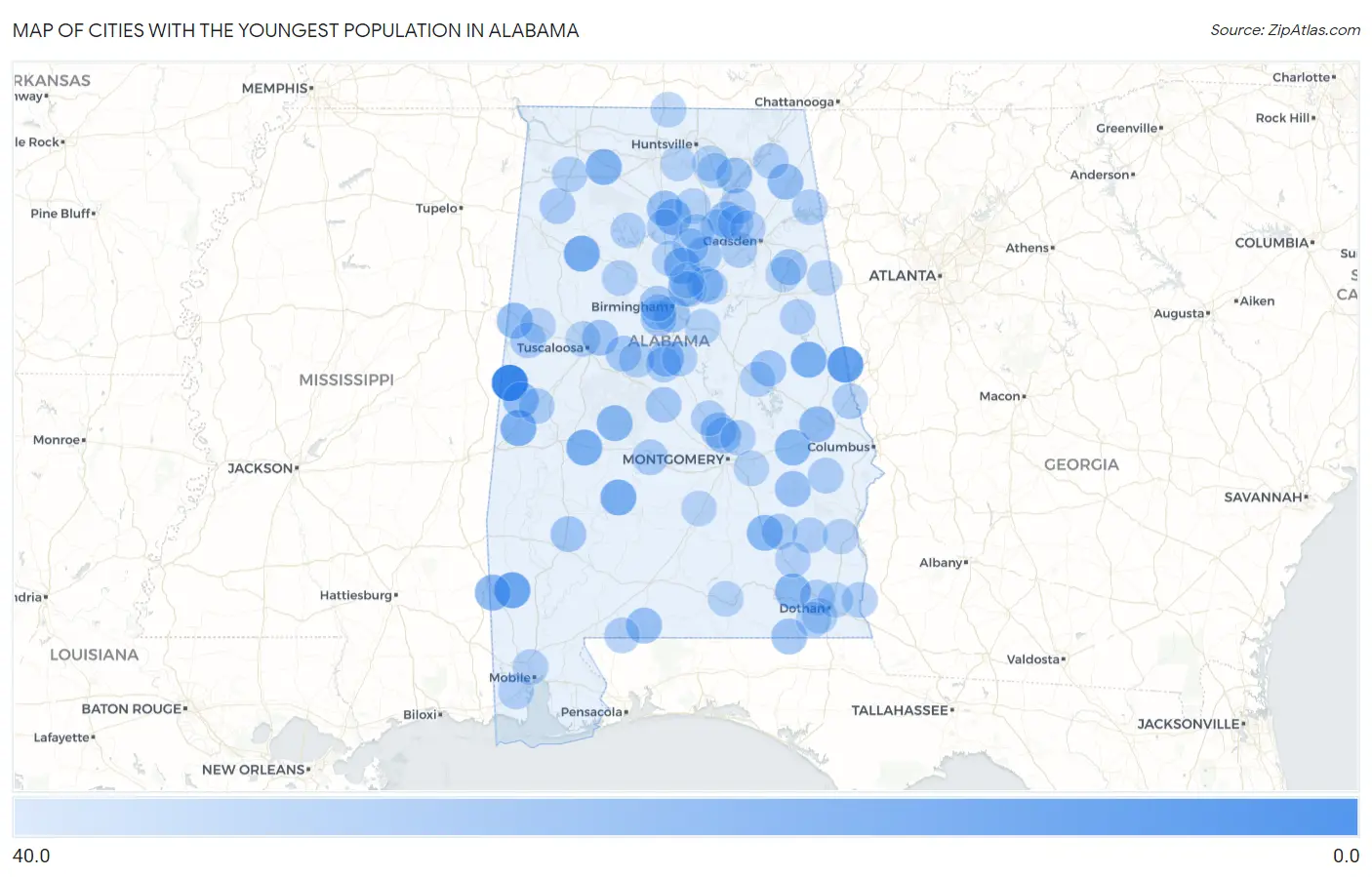 Cities with the Youngest Population in Alabama Map