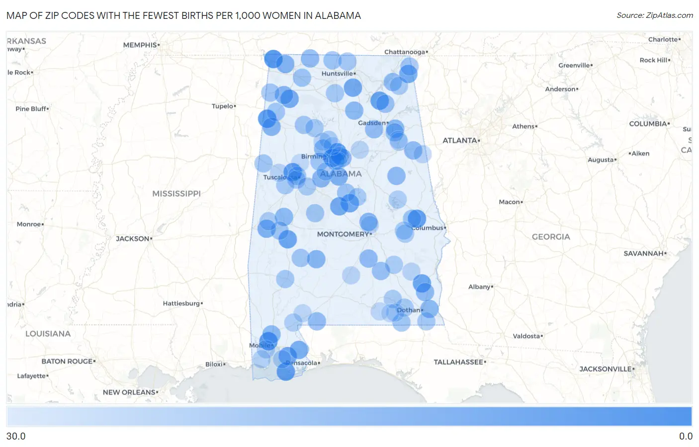 Zip Codes with the Fewest Births per 1,000 Women in Alabama Map