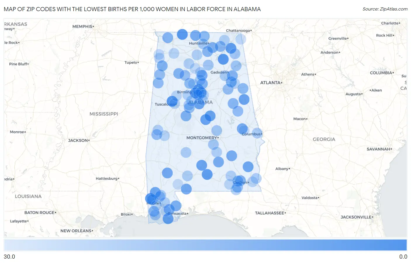 Zip Codes with the Lowest Births per 1,000 Women in Labor Force in Alabama Map