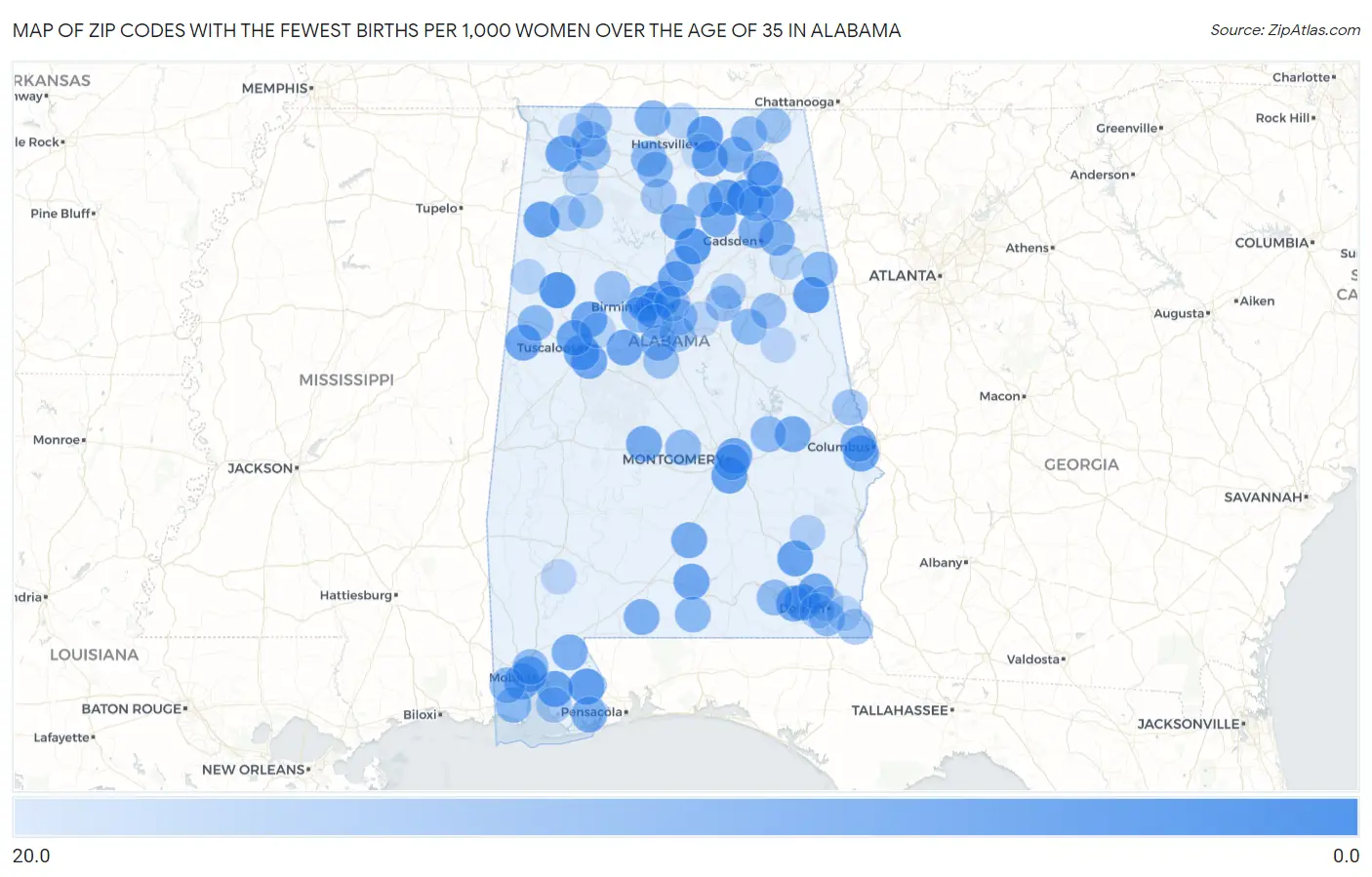 Zip Codes with the Fewest Births per 1,000 Women Over the Age of 35 in Alabama Map