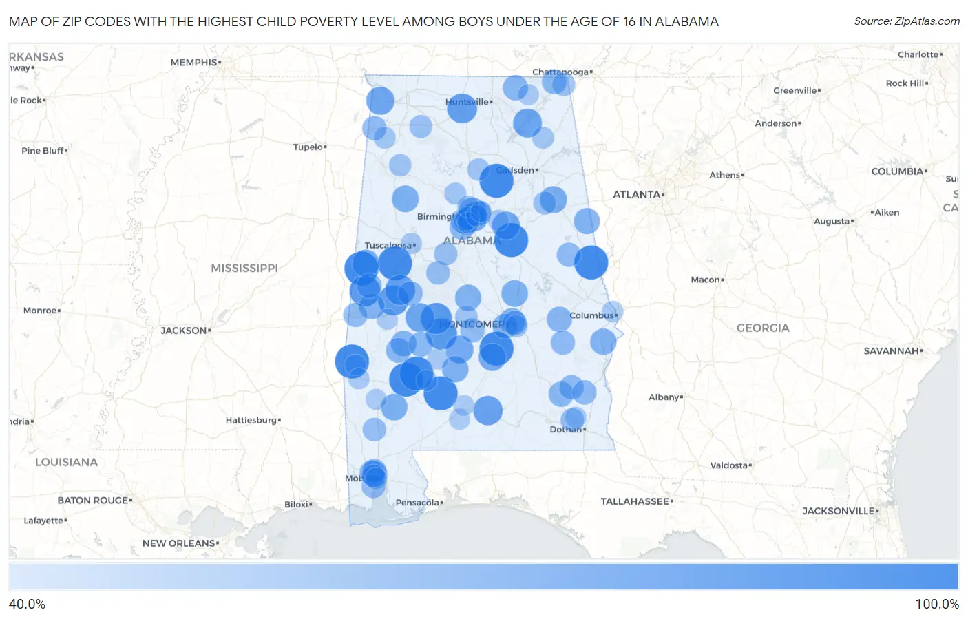 Zip Codes with the Highest Child Poverty Level Among Boys Under the Age of 16 in Alabama Map