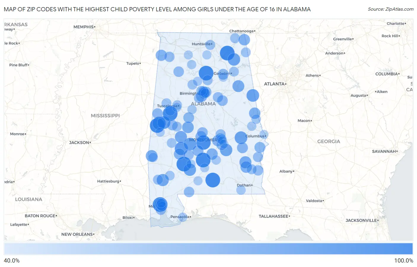 Zip Codes with the Highest Child Poverty Level Among Girls Under the Age of 16 in Alabama Map