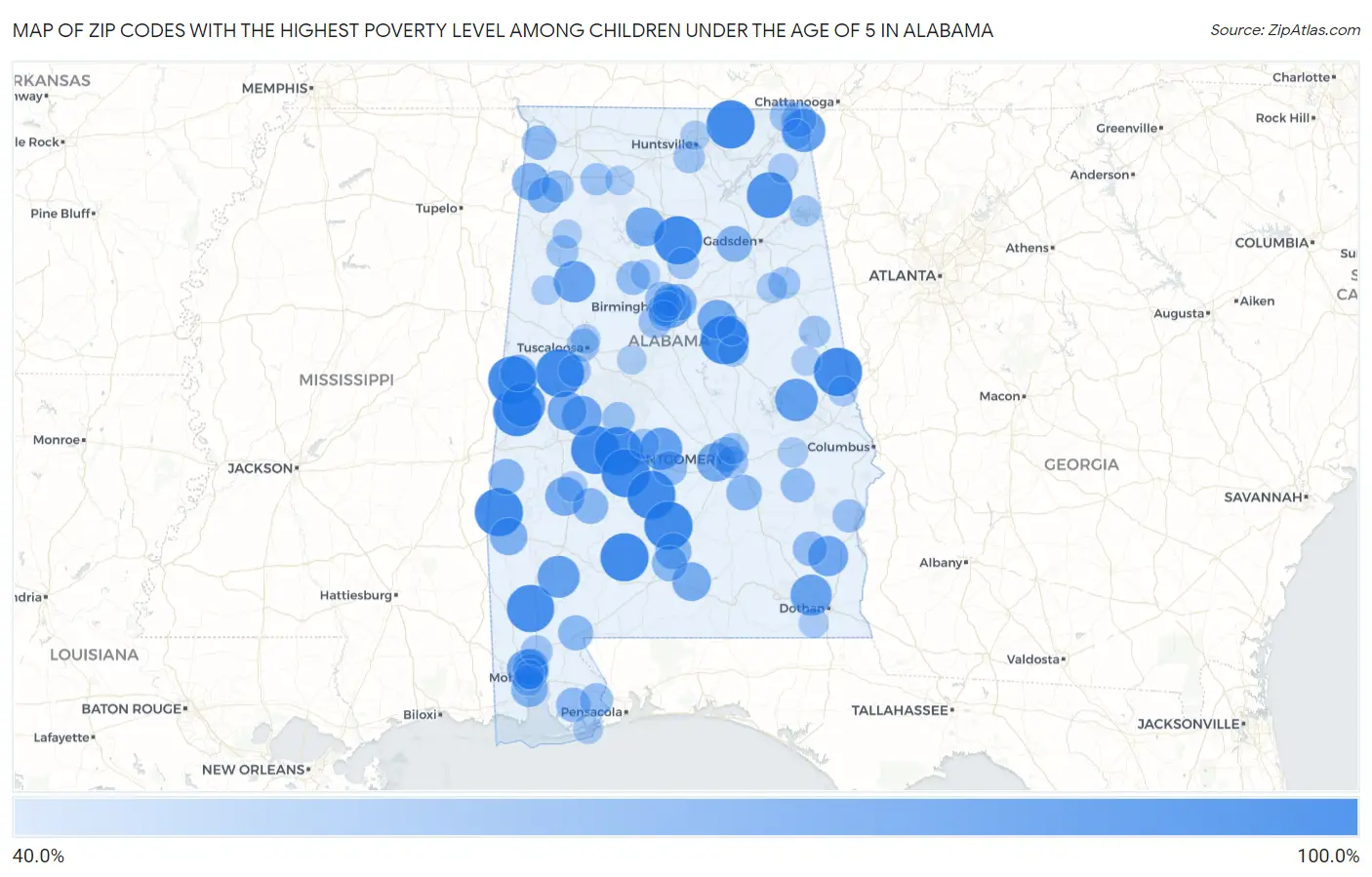 Zip Codes with the Highest Poverty Level Among Children Under the Age of 5 in Alabama Map