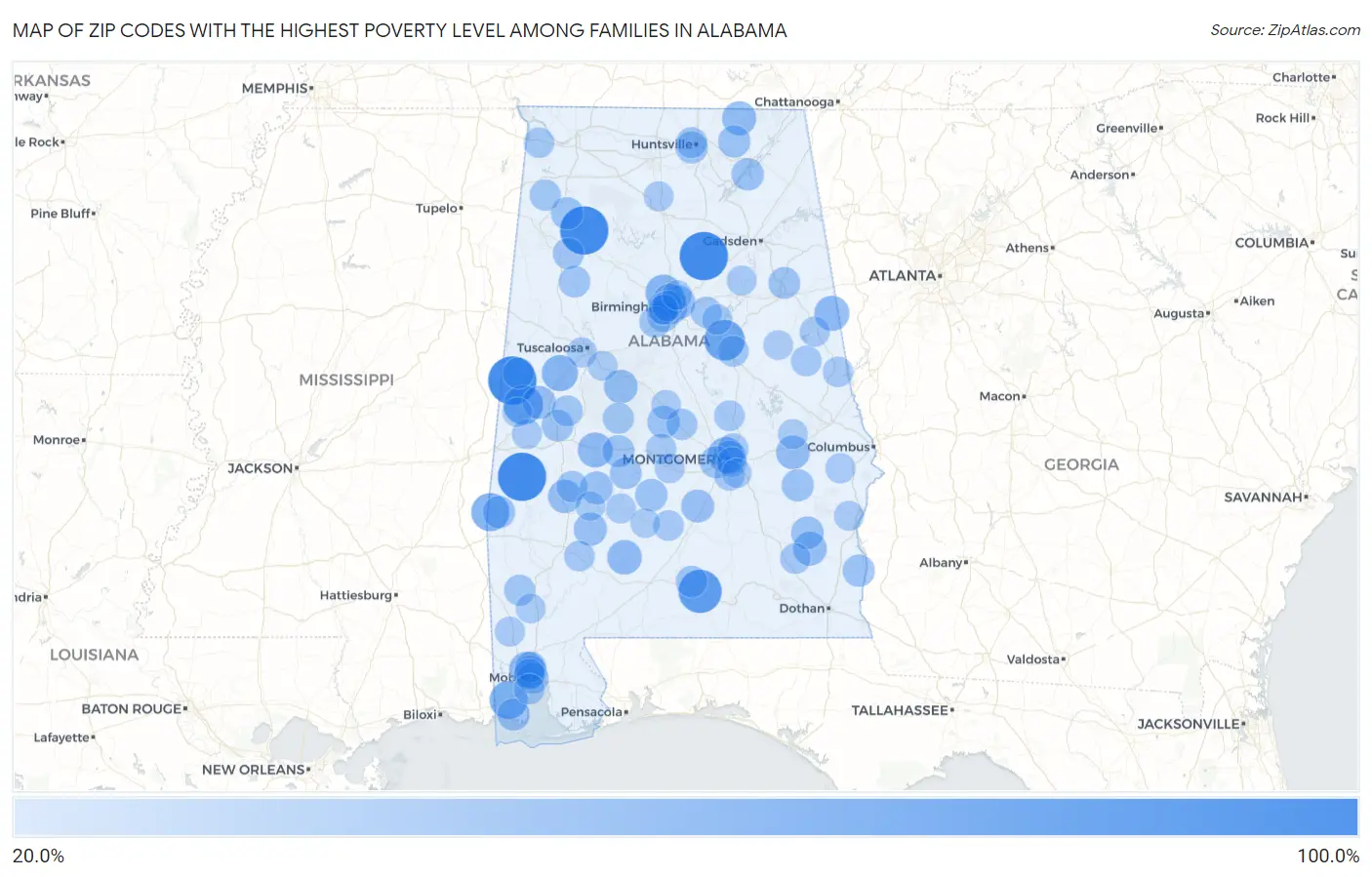 Zip Codes with the Highest Poverty Level Among Families in Alabama Map
