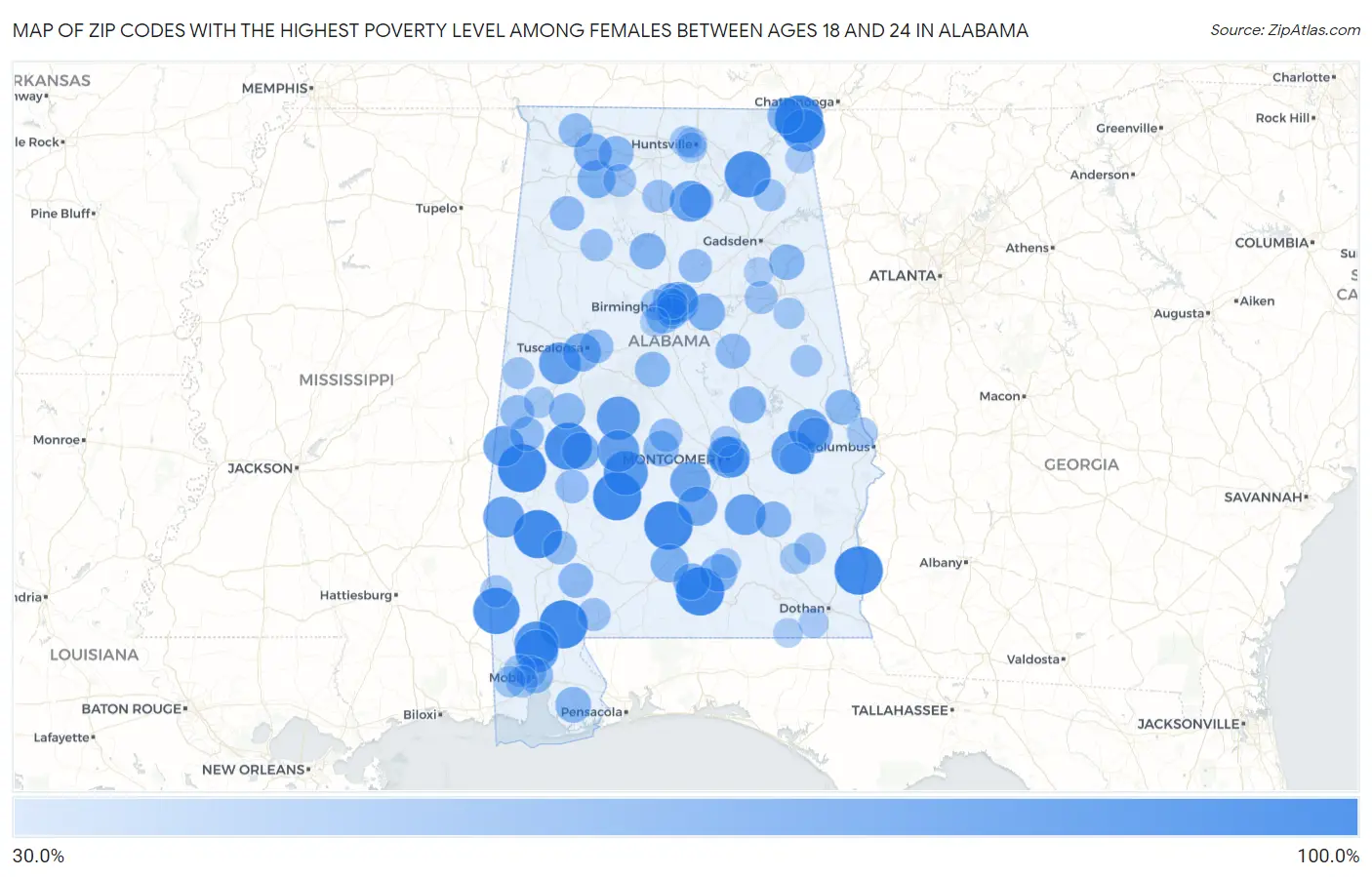 Zip Codes with the Highest Poverty Level Among Females Between Ages 18 and 24 in Alabama Map