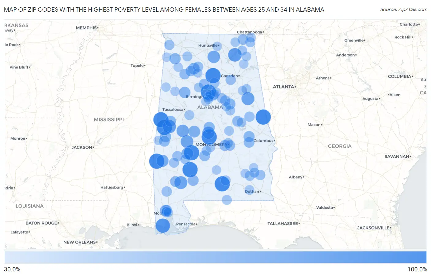 Zip Codes with the Highest Poverty Level Among Females Between Ages 25 and 34 in Alabama Map