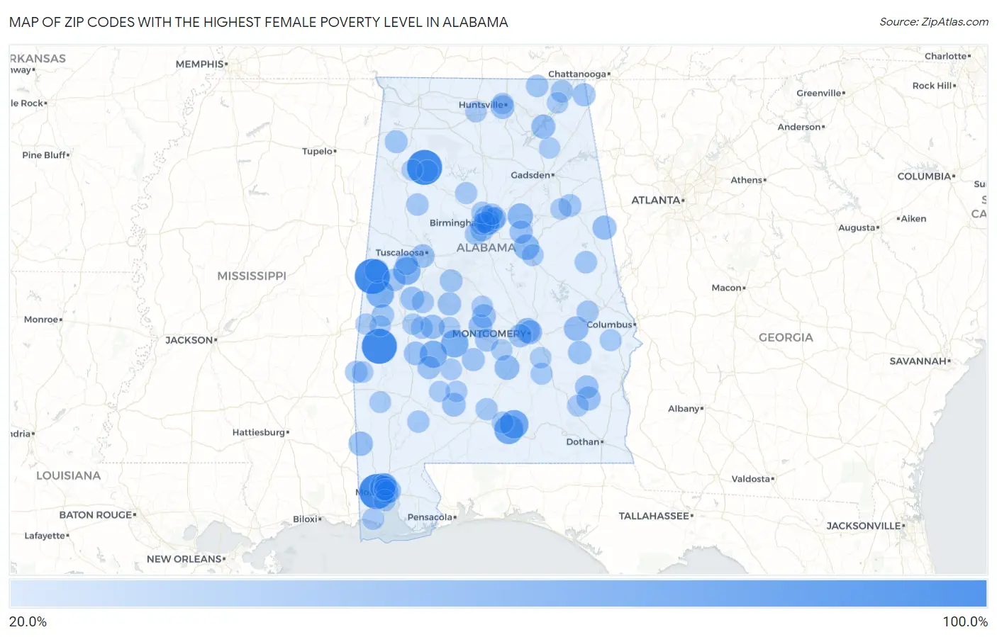 Zip Codes with the Highest Female Poverty Level in Alabama Map