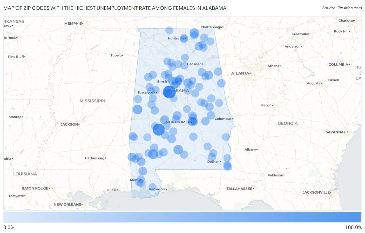 Zip Codes with the Highest Unemployment Rate Among Females in Alabama Map