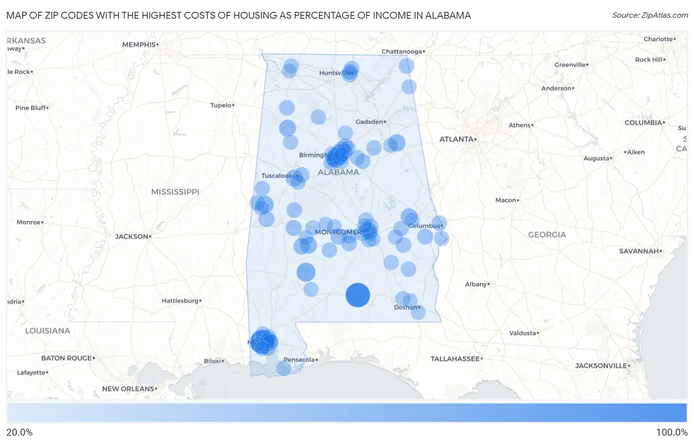 Zip Codes with the Highest Costs of Housing as Percentage of Income in Alabama Map