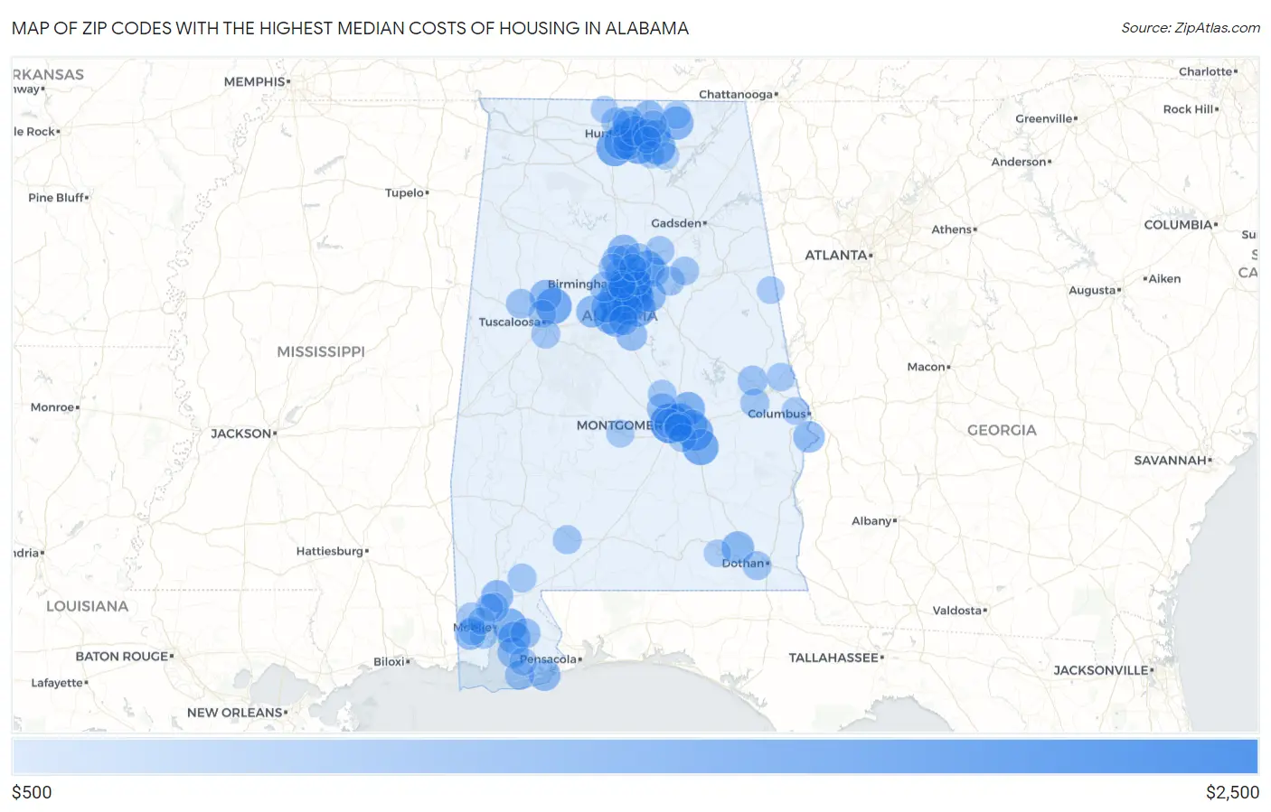 Zip Codes with the Highest Median Costs of Housing in Alabama Map