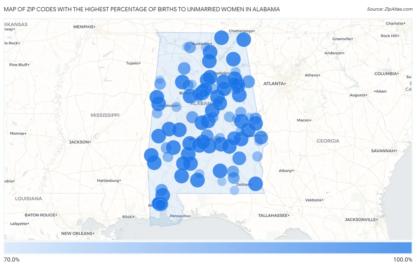 Zip Codes with the Highest Percentage of Births to Unmarried Women in Alabama Map