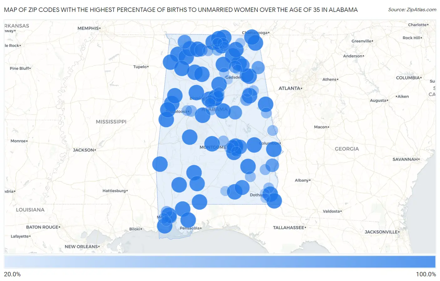 Zip Codes with the Highest Percentage of Births to Unmarried Women over the Age of 35 in Alabama Map