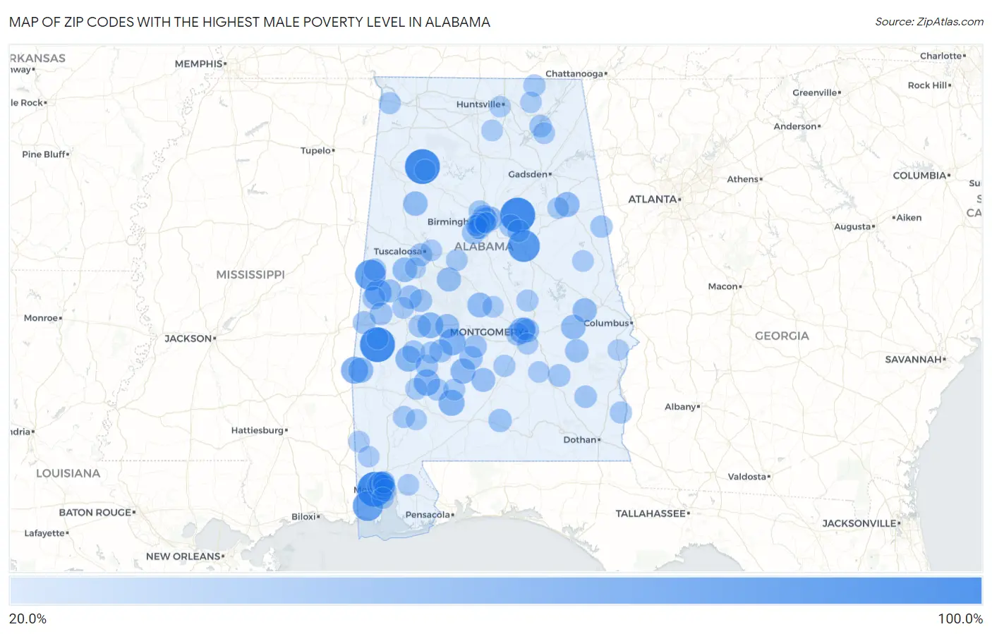 Zip Codes with the Highest Male Poverty Level in Alabama Map