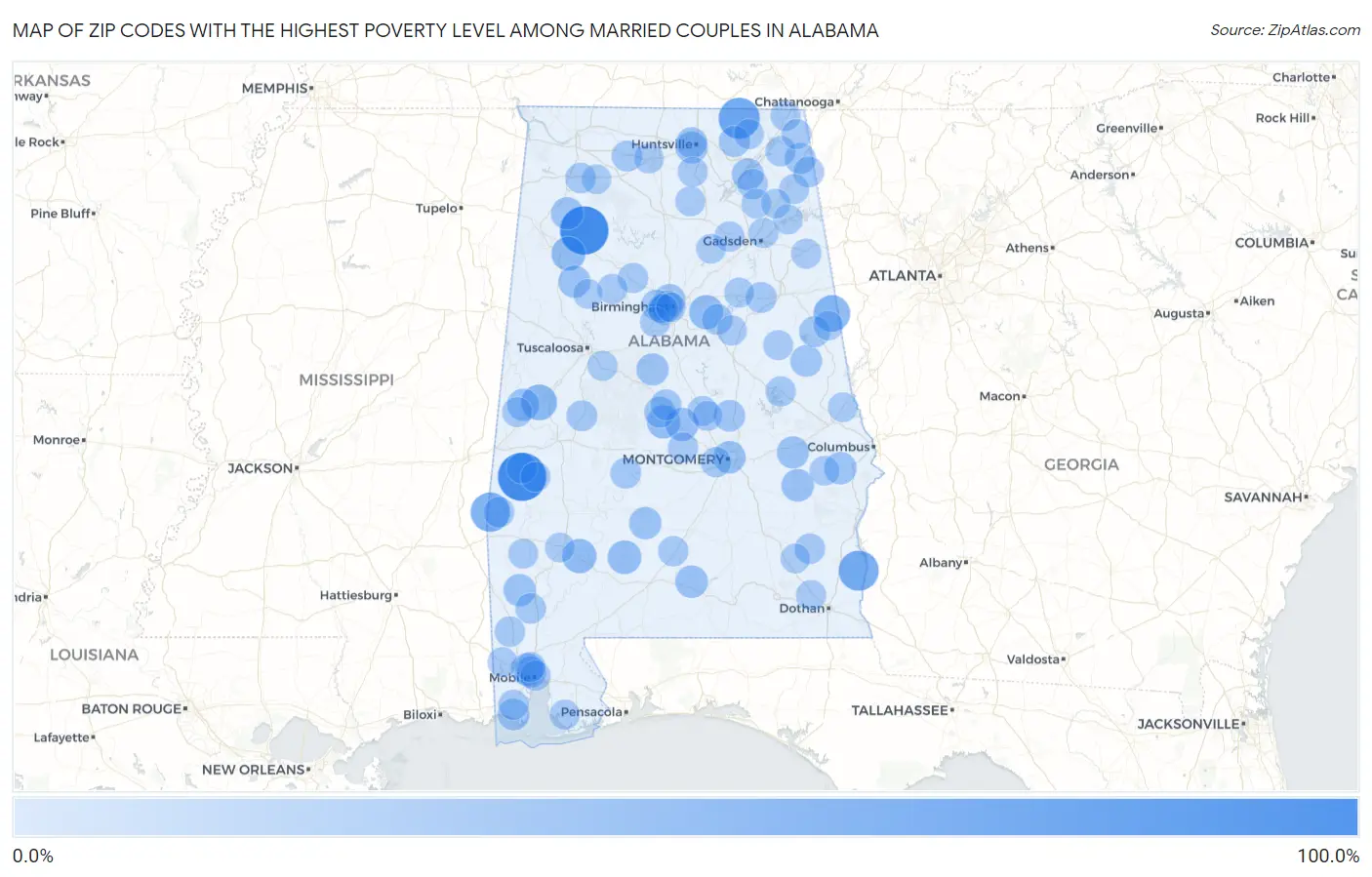 Zip Codes with the Highest Poverty Level Among Married Couples in Alabama Map