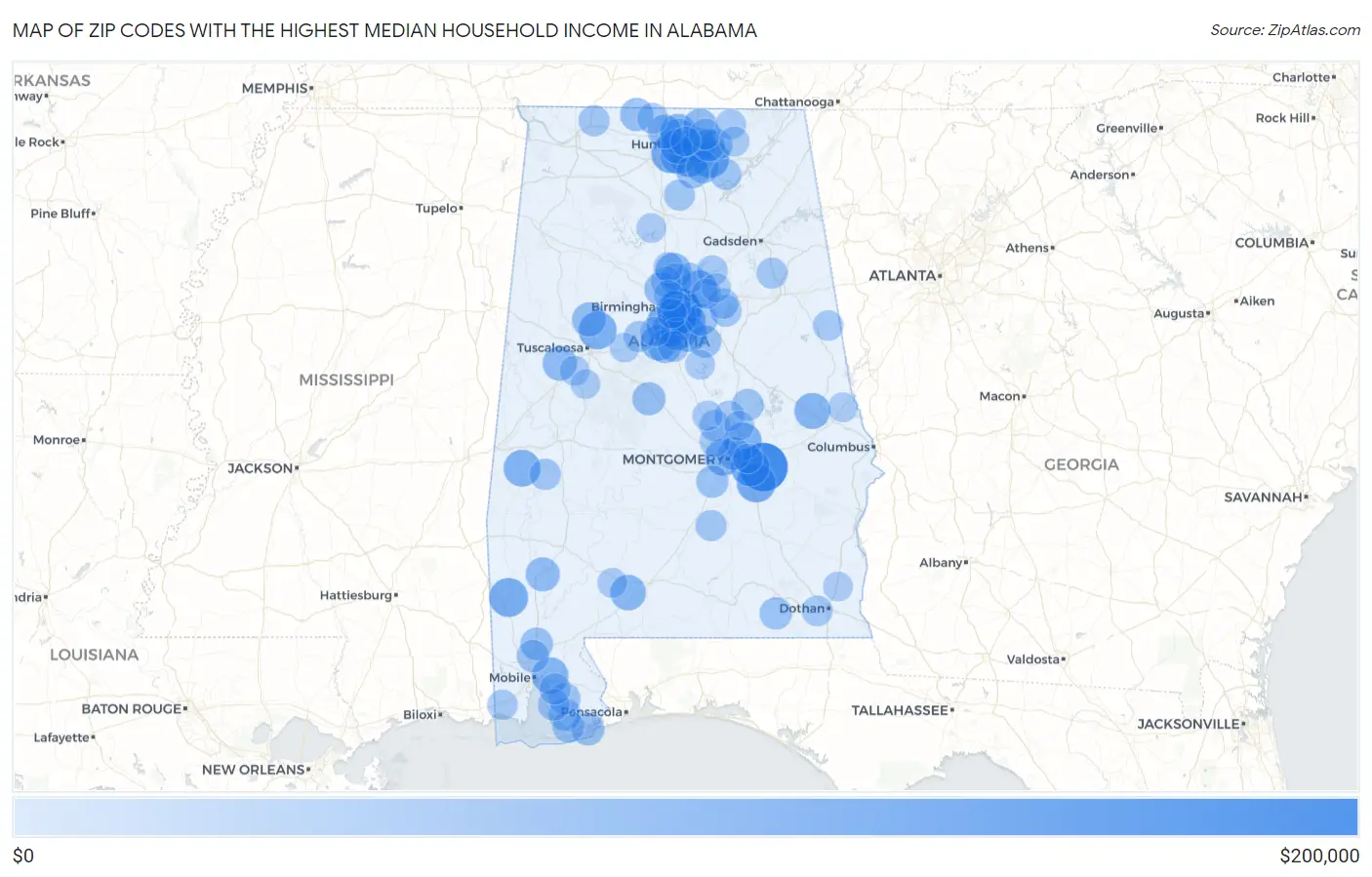 Zip Codes with the Highest Median Household Income in Alabama Map