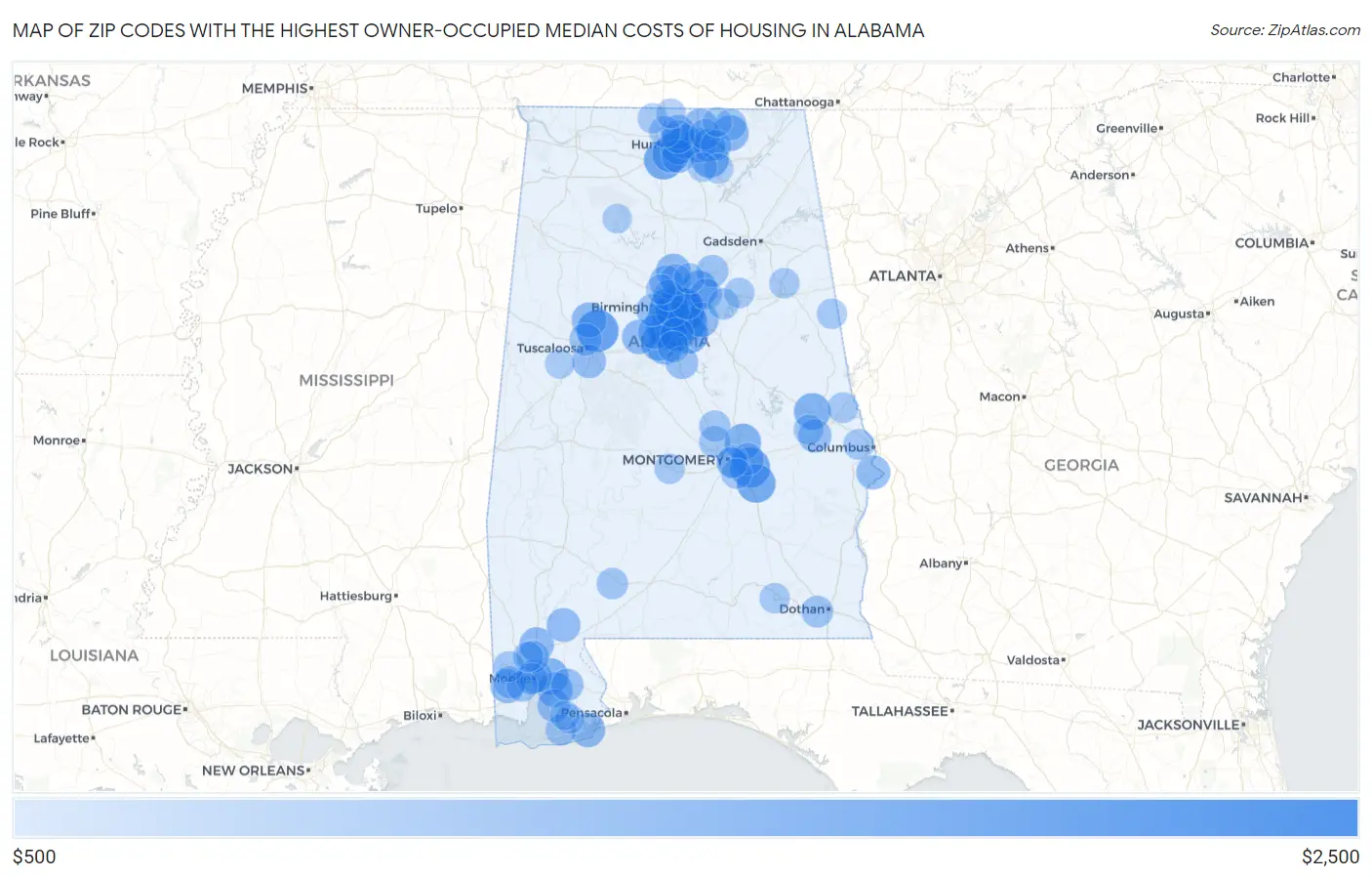 Zip Codes with the Highest Owner-Occupied Median Costs of Housing in Alabama Map