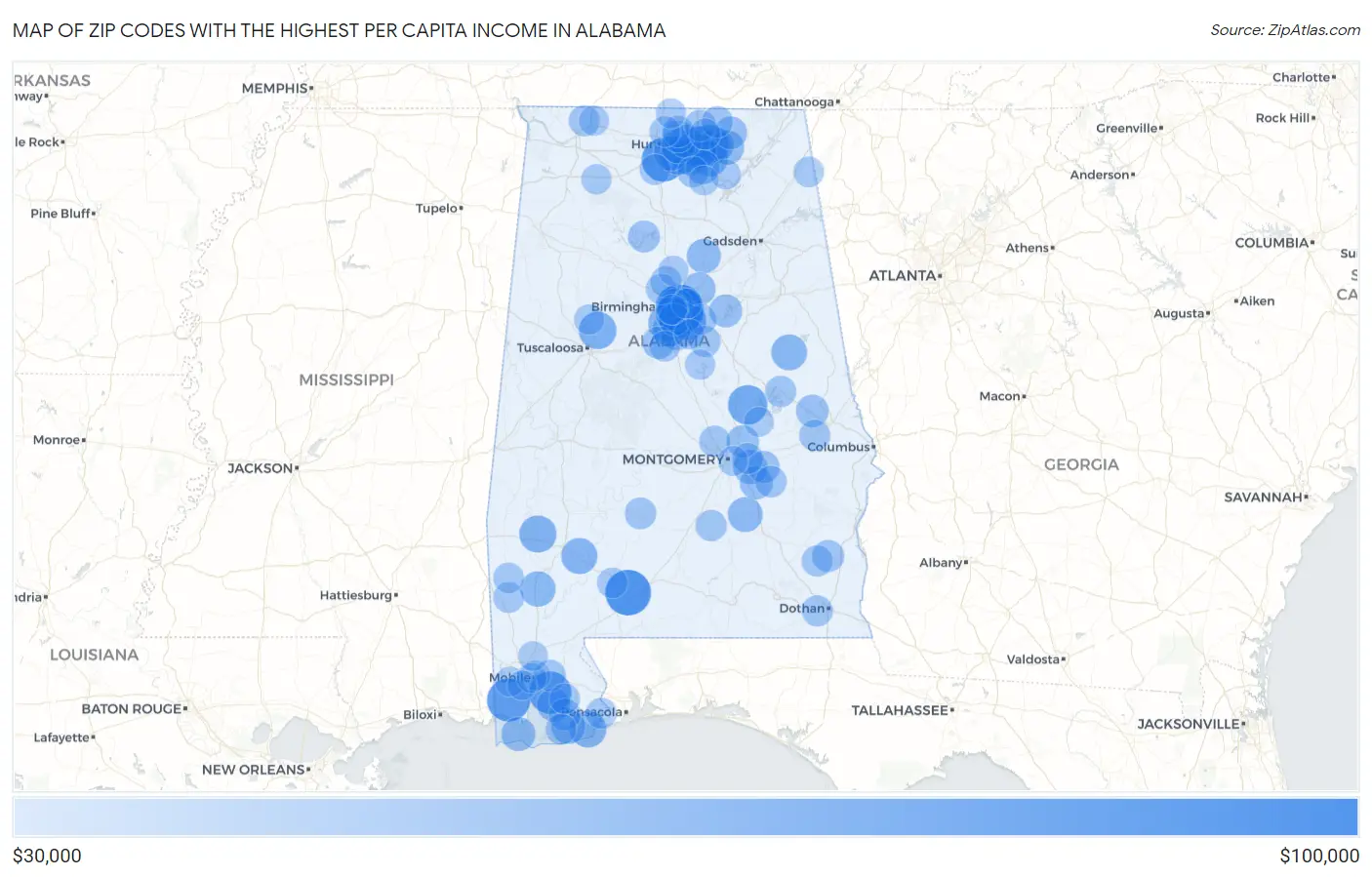 Zip Codes with the Highest Per Capita Income in Alabama Map