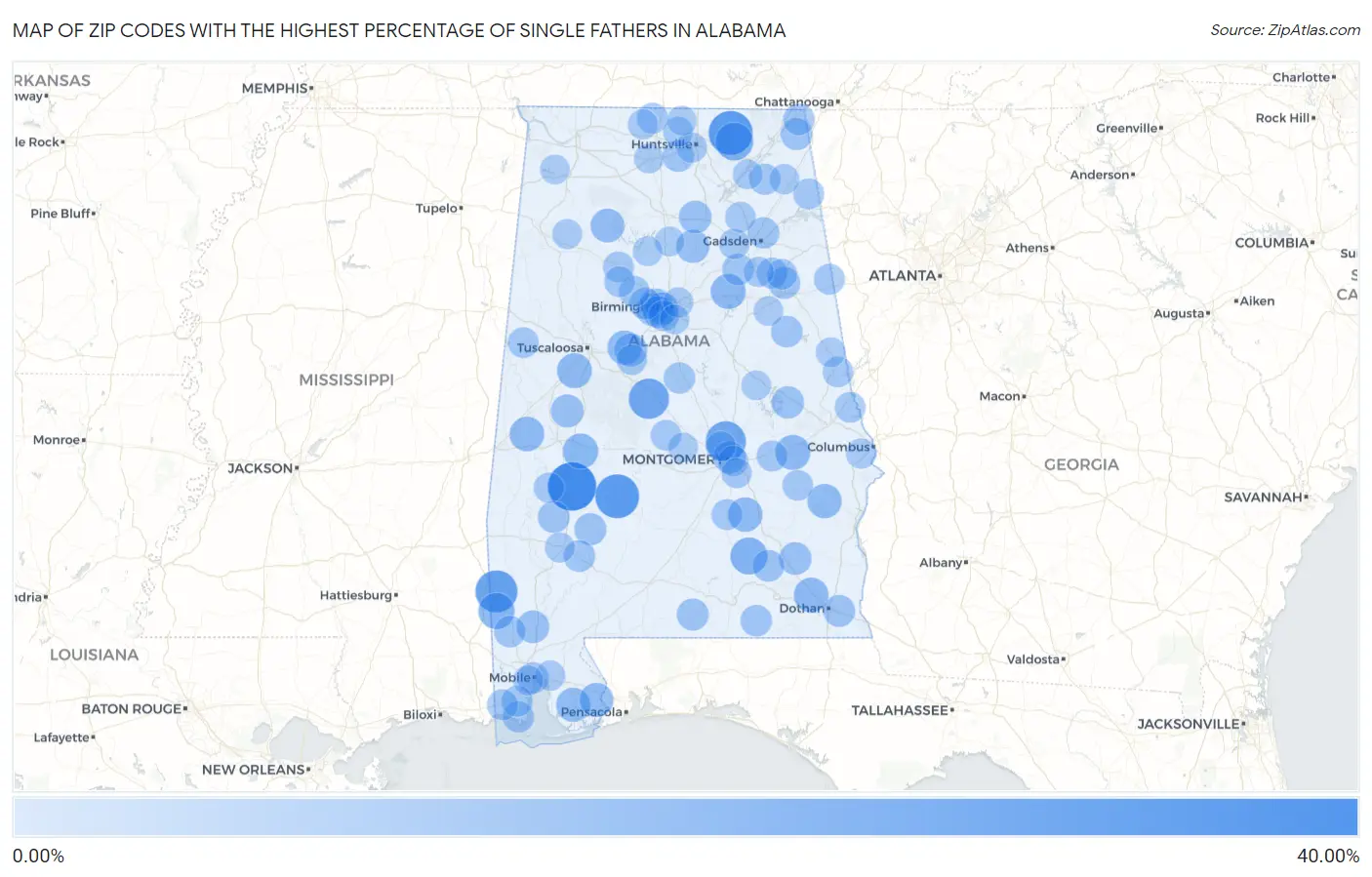 Zip Codes with the Highest Percentage of Single Fathers in Alabama Map
