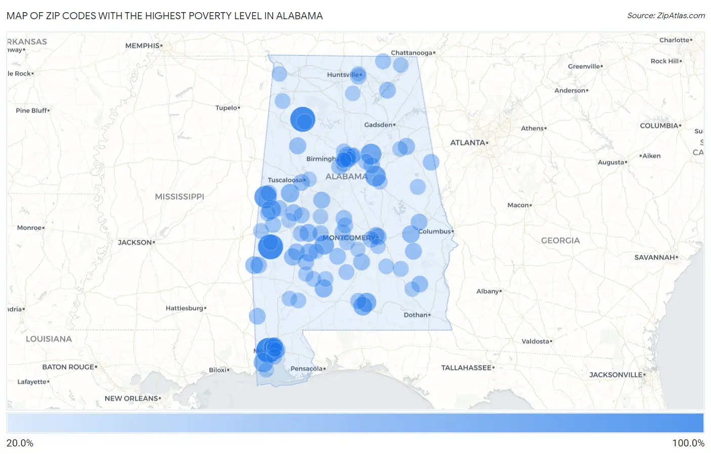 Zip Codes with the Highest Poverty Level in Alabama Map