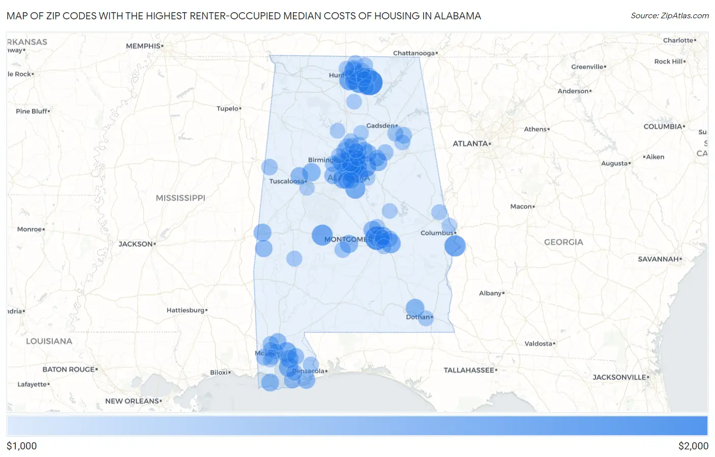 Zip Codes with the Highest Renter-Occupied Median Costs of Housing in Alabama Map