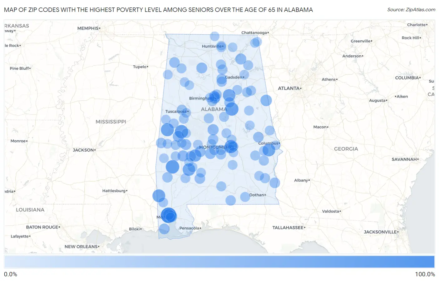 Zip Codes with the Highest Poverty Level Among Seniors Over the Age of 65 in Alabama Map