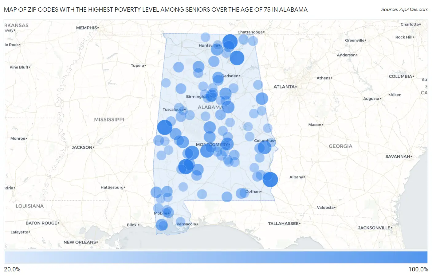 Zip Codes with the Highest Poverty Level Among Seniors Over the Age of 75 in Alabama Map