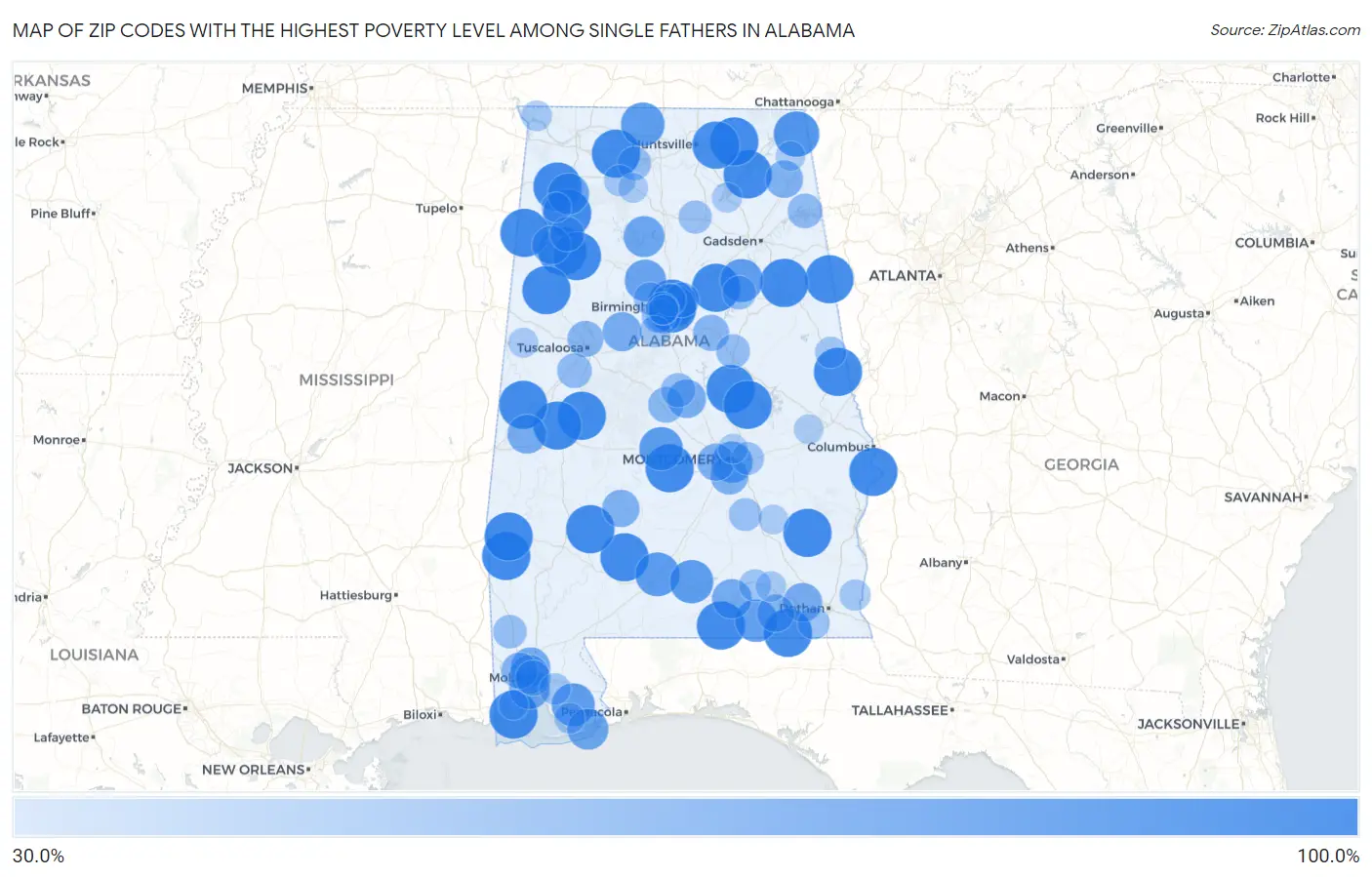 Zip Codes with the Highest Poverty Level Among Single Fathers in Alabama Map