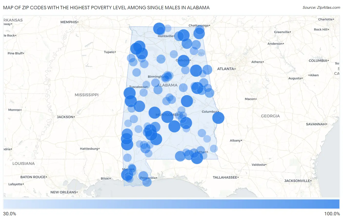 Zip Codes with the Highest Poverty Level Among Single Males in Alabama Map