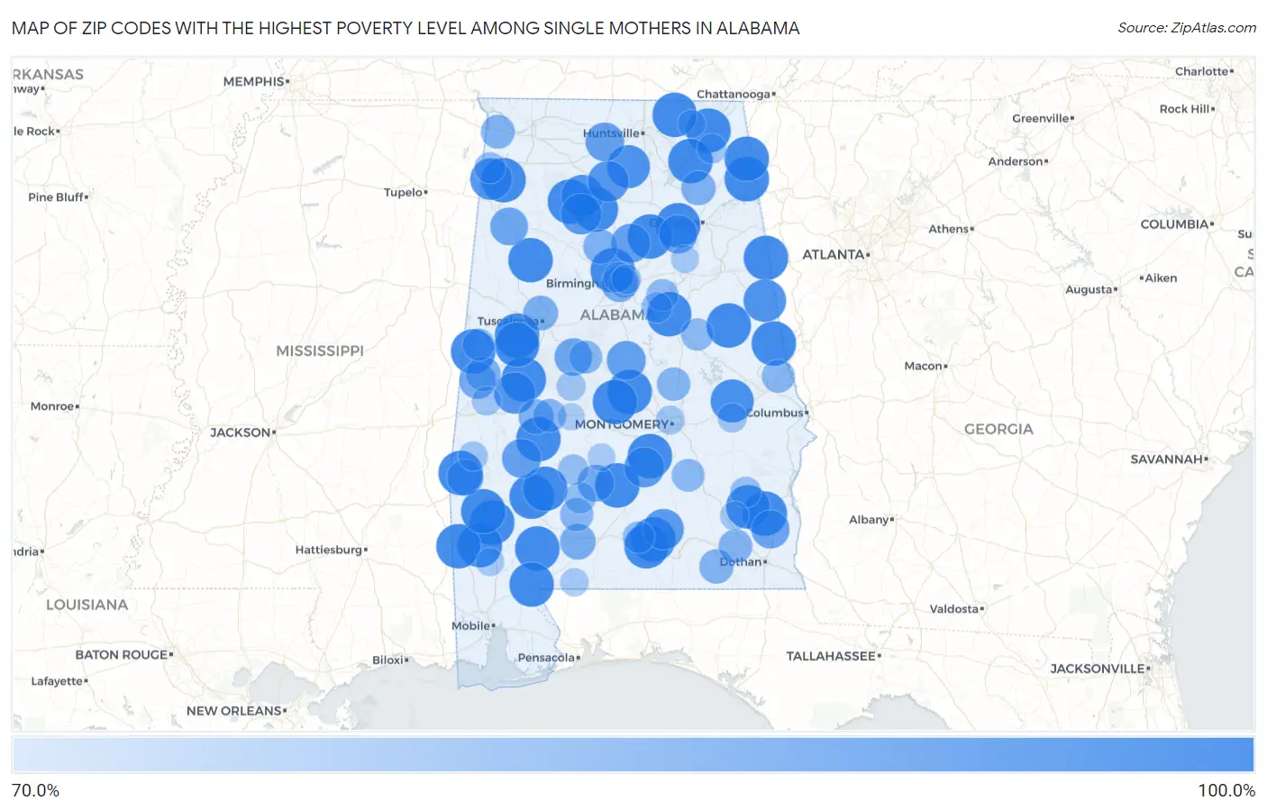 Zip Codes with the Highest Poverty Level Among Single Mothers in Alabama Map