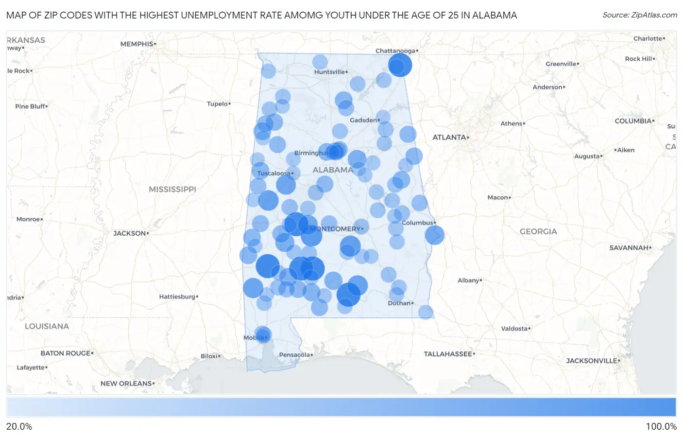 Zip Codes with the Highest Unemployment Rate Amomg Youth Under the Age of 25 in Alabama Map