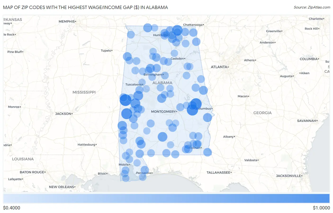 Zip Codes with the Highest Wage/Income Gap ($) in Alabama Map