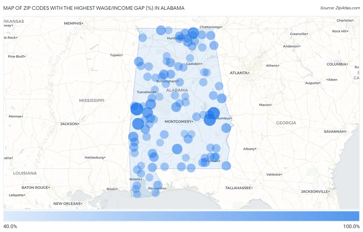 Zip Codes with the Highest Wage/Income Gap (%) in Alabama Map