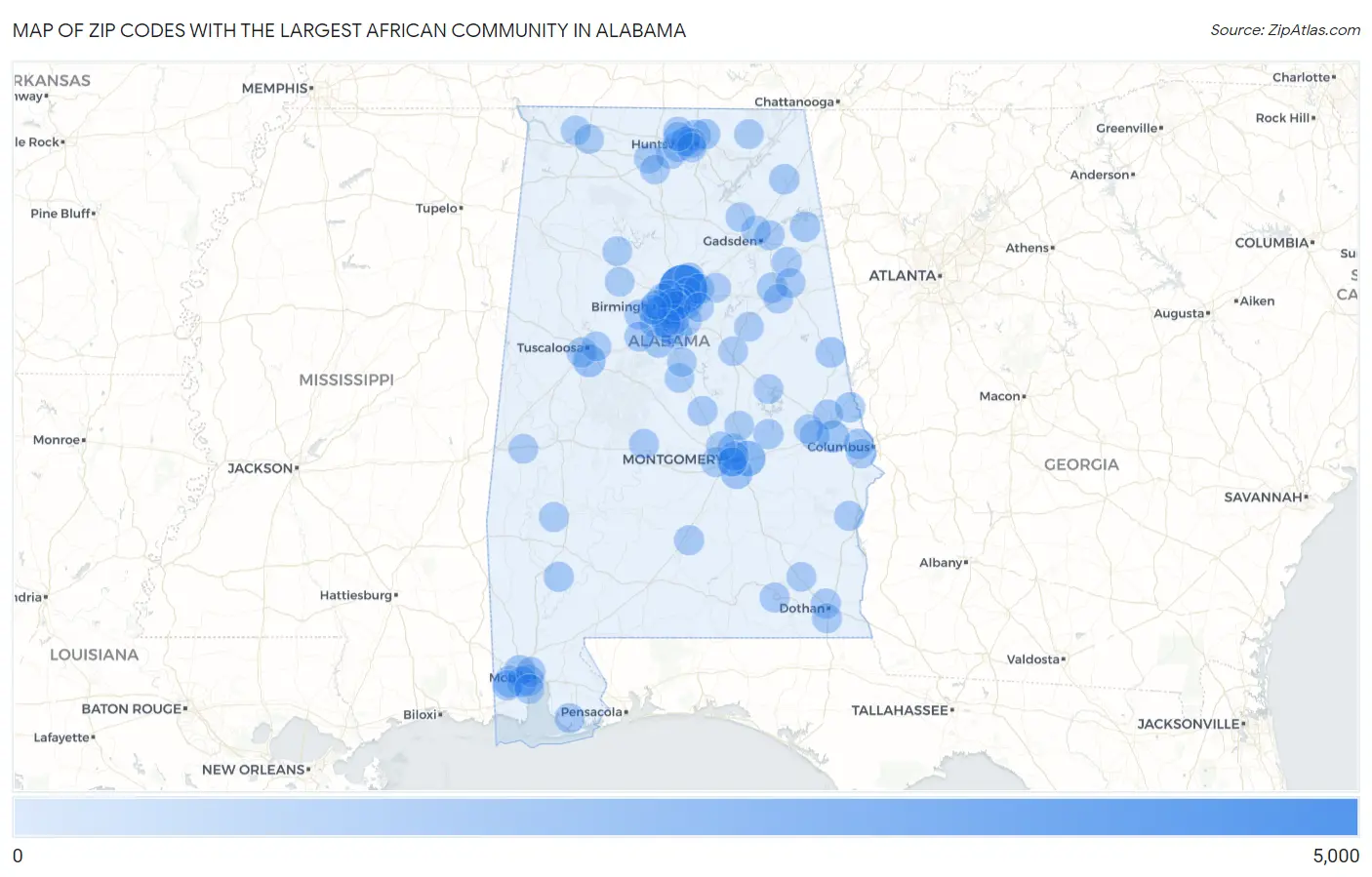 Zip Codes with the Largest African Community in Alabama Map