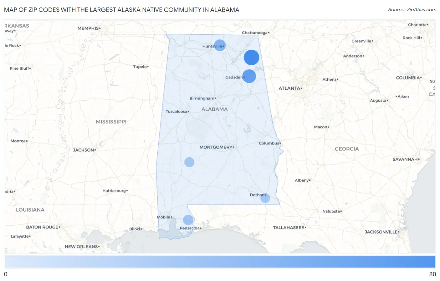 Zip Codes with the Largest Alaska Native Community in Alabama Map