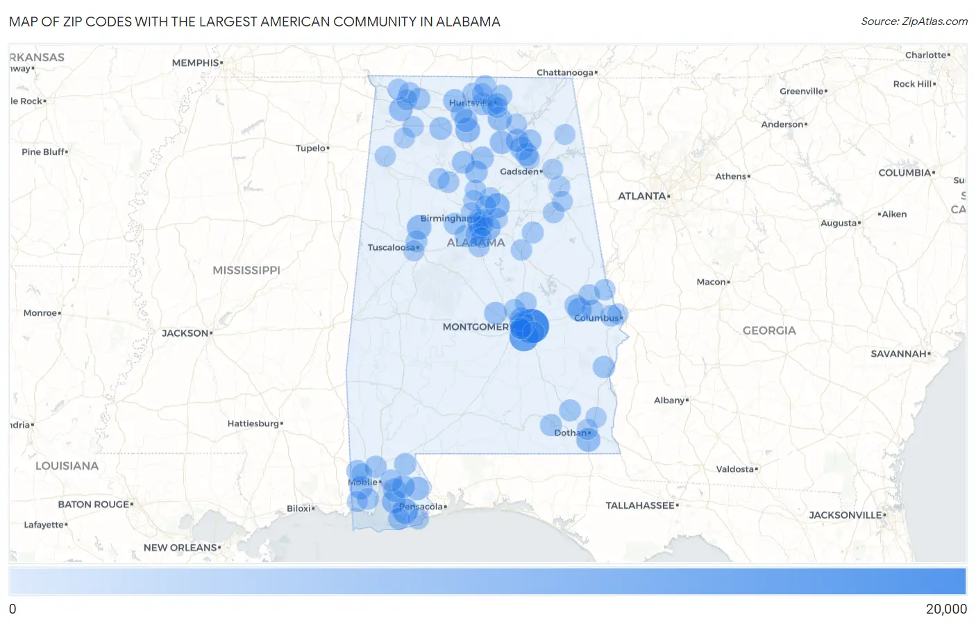Zip Codes with the Largest American Community in Alabama Map