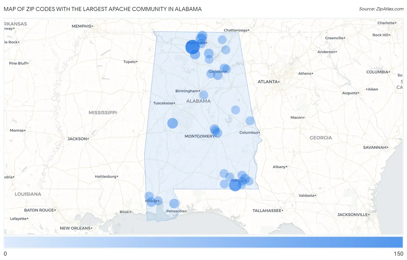 Zip Codes with the Largest Apache Community in Alabama Map