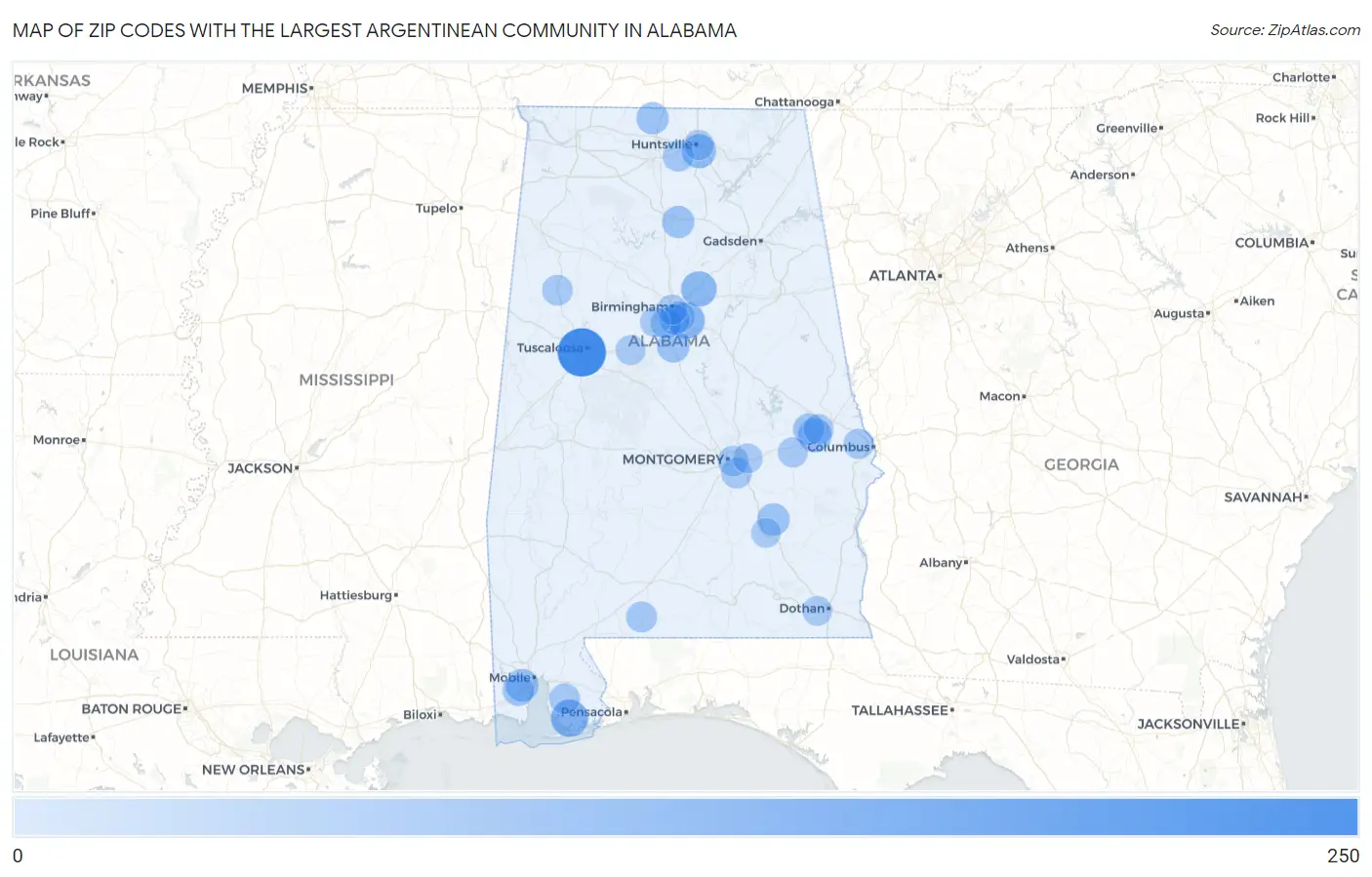 Zip Codes with the Largest Argentinean Community in Alabama Map