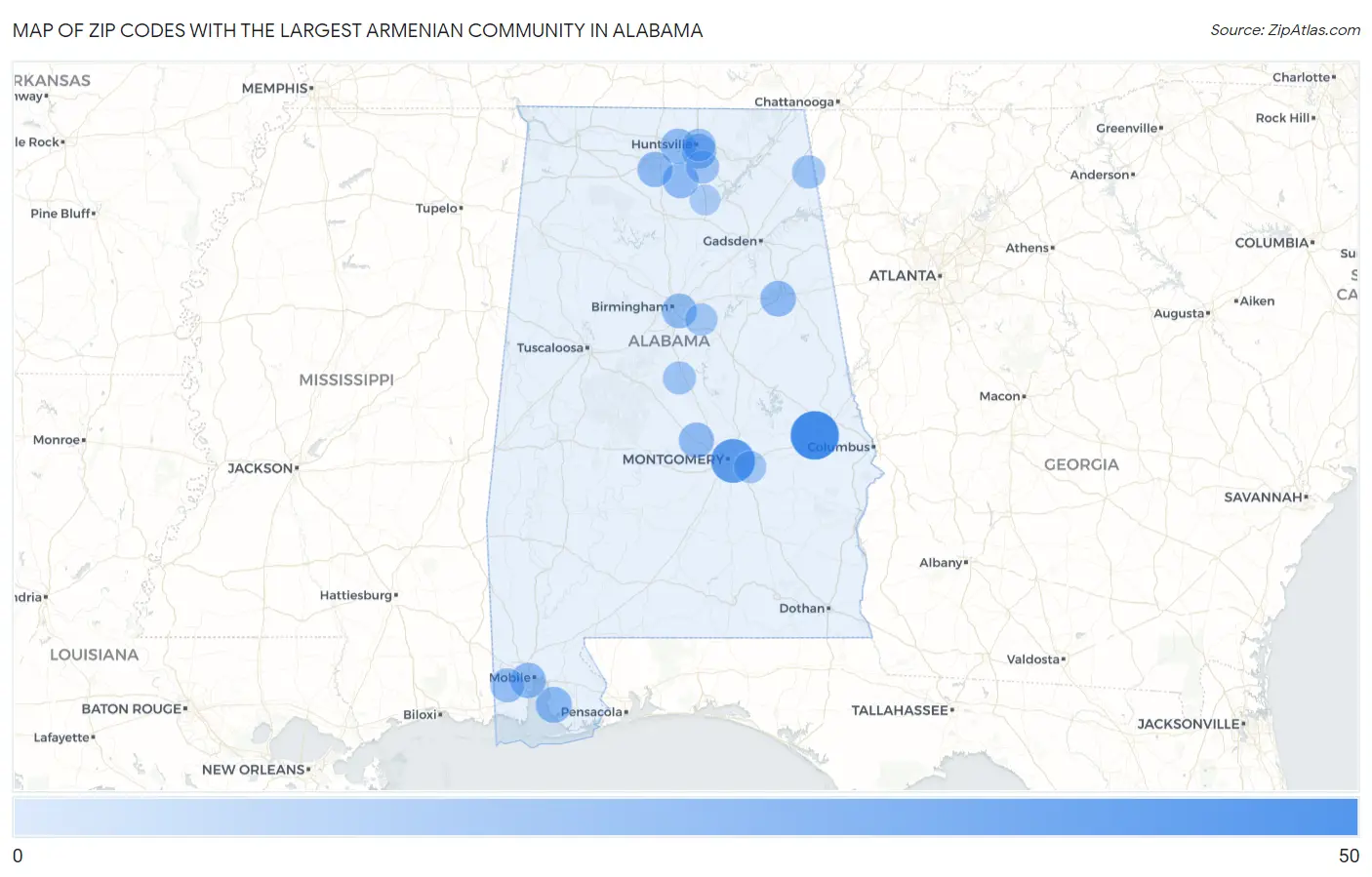 Zip Codes with the Largest Armenian Community in Alabama Map