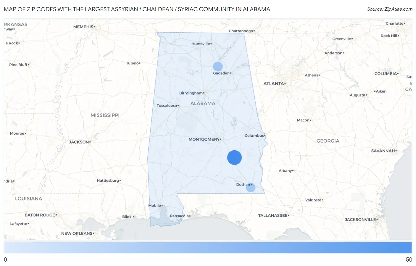 Zip Codes with the Largest Assyrian / Chaldean / Syriac Community in Alabama Map
