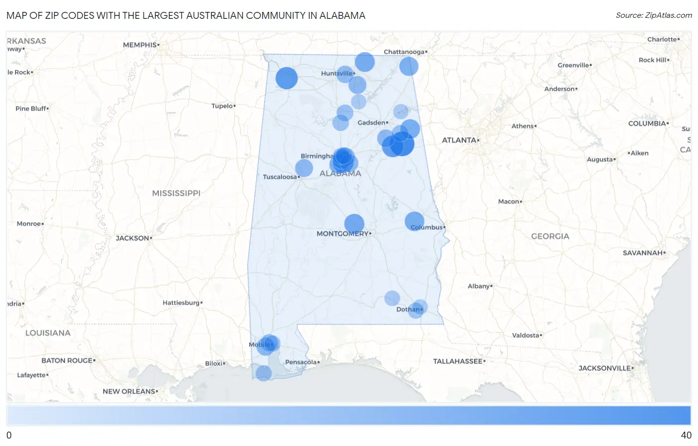 Zip Codes with the Largest Australian Community in Alabama Map